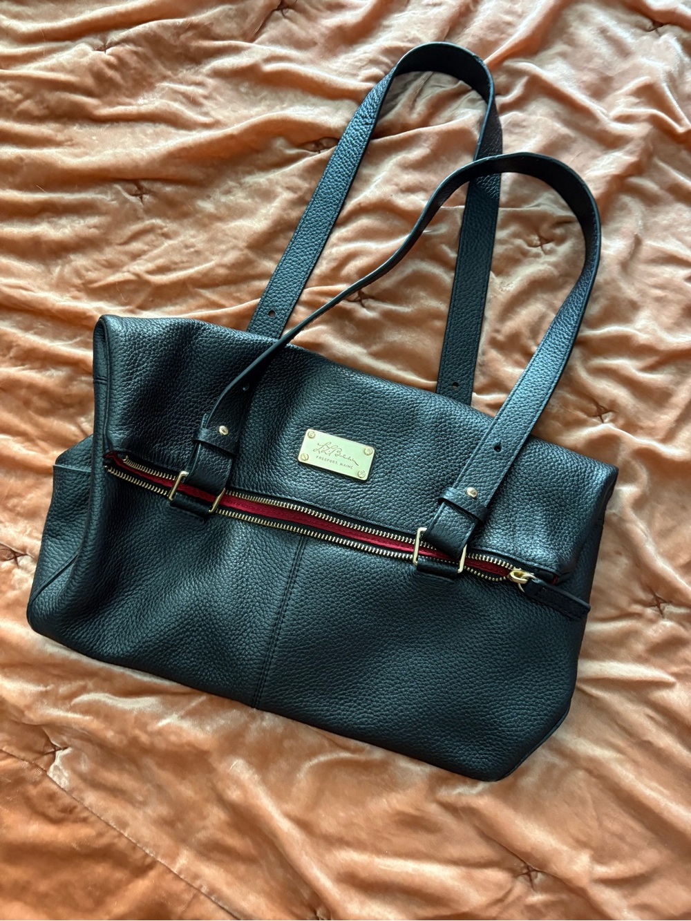 L.L. Bean Black Pebble Leather Shoulder Tote with Gold Plate